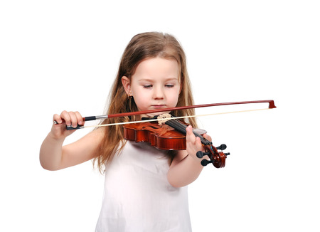 little girl with violin isolated on white backgroundの写真素材