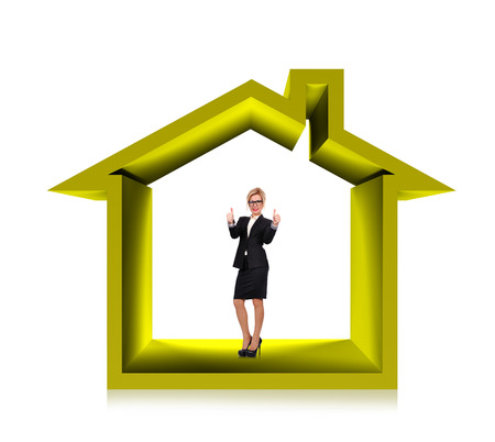 businesswoman showing  thumb up  in 3d houseの写真素材