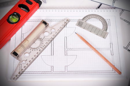 blueprint and tools on the desktop, workspace engineer
