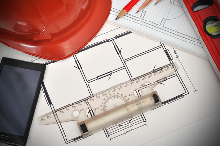 apartment  blueprint and tools on desktop, workspace engineerの写真素材