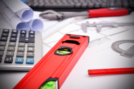 workspace engineer, line level and tools on desktop