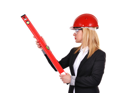 woman engineer with line level, isolated on white