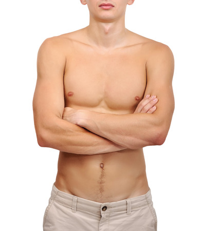 beautiful and strong young guy on white backgroundの写真素材