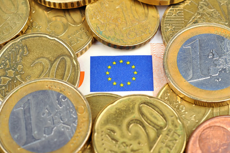 euro coin money and flag euro Union, close upの写真素材