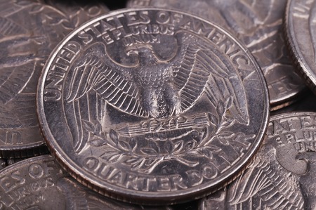 American one quarter coins, close upの写真素材