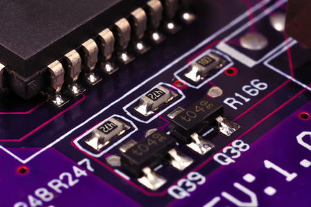 electronic circuit board with processors, close up