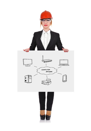 Woman engineer holding poster with drawing wi-fi schemeの写真素材