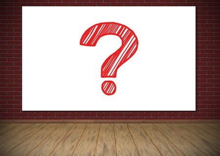 poster with question mark hanging on red brick wallの写真素材