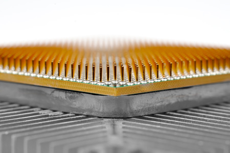 computer cpu chip on cooling pad, close up
