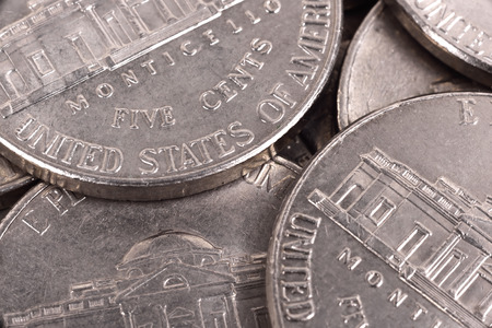 american five cent coins, extra close upの写真素材