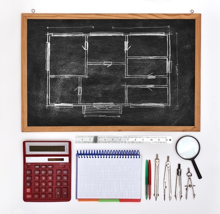chalk board with drawing blueprint and business elementsの写真素材