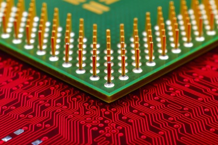 computer cpu chip on mainboard, extra close up