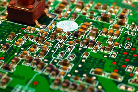 electronic circuit board with microchips, close up