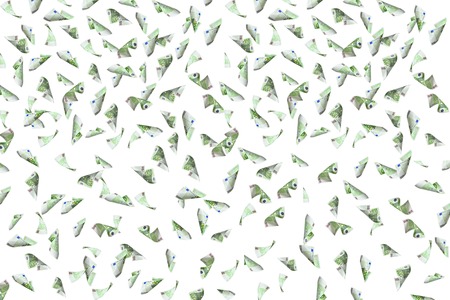 flying many 100 euro bills on white backgroundの写真素材