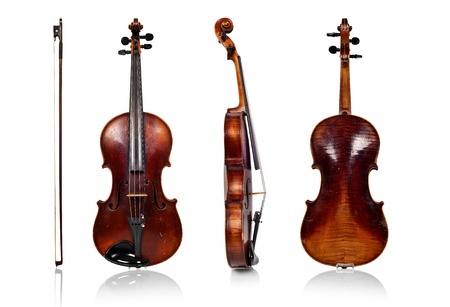 violin front, side and rear on white backgroundの写真素材