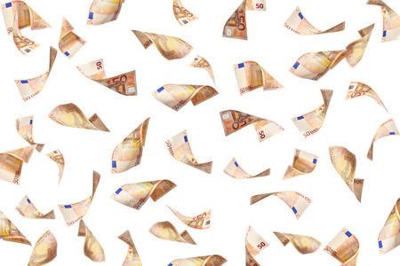 flying many 50 euro banknote on white backgroundの写真素材