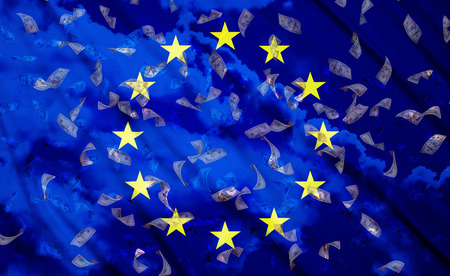 falling dollar bills on a  European Union flag background, double exposureの写真素材