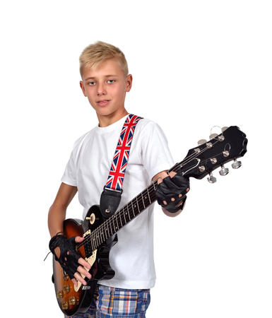 young rocker boy with guitar  isolated on white backgroundの写真素材