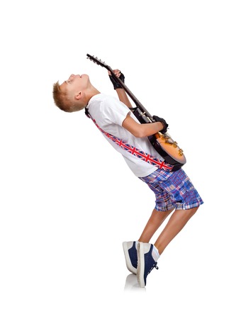 rocker boy with guitar  on a white backgroundの写真素材