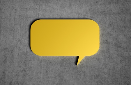 3d render of  yellow speech bubble on a concrete wall background