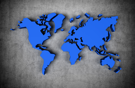 3d render blue world map on a concrete wallの写真素材