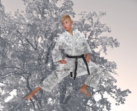 Young boy training karate in kimono. Double exposure effect.の写真素材
