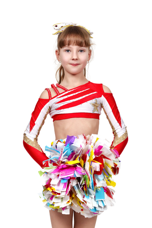 cheerleading girl standing with pom on a white backgroundの写真素材