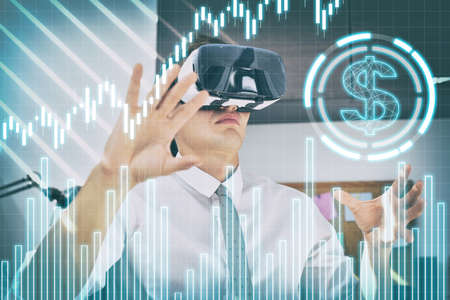 Trader man in office with VR glasses using financial interface. Virtual reality and technology...