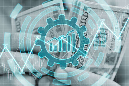 Usd dollar banknotes in hands businessman and glowing investment interface. Internet trading and...