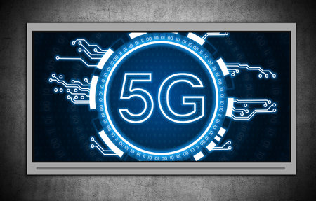 5G network internet mobile wireless interface icon on digital screen. Global business and information technology concept. 3d renderingの写真素材