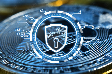 Cryptocurrency bitcoin and digital shield with lock interface. Cryptocurrency and storage of personal data concept.の写真素材