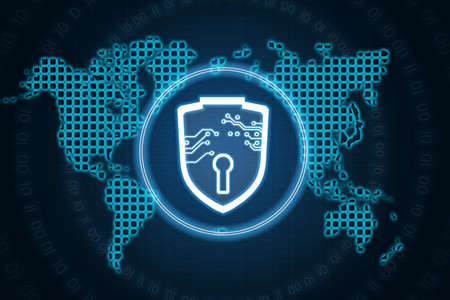 Digital world map, shield and lock interface on virtual screen. Global storage of personal data...
