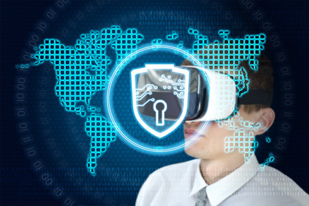 Businessman with VR glasses and interface with digital world map, shield and lock interface. Cyber...