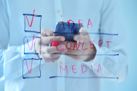 Man using phone and checklist on transparent screen. Business and social media concept. Close up