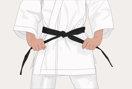Karateka holds on to his black belt. Courage and sport concept. Vector cartoon isolated characterのイラスト素材