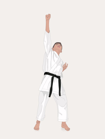 Young karateka raised his hand up symbolizing victory in the competition. Courage and sport concept. Vector cartoon isolated characterのイラスト素材