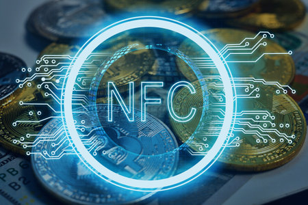 Cryptocurrency hologram, gold and silver bitcoin. technology NFC and virtual money concept.の写真素材