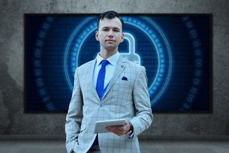 Businessman holding digital tablet computer in hand. Business and information technology concept. Close upの写真素材