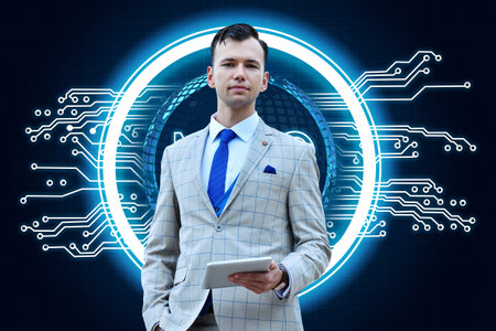 Trader man in suit holding digital tablet computer in hand. Business and information technology concept. Close upの写真素材
