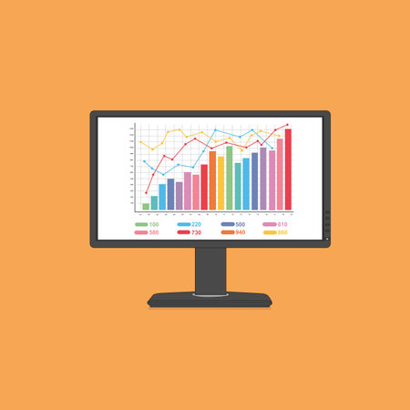 Computer monitor with business report and graphs on screen. Modern statistics interface concept....