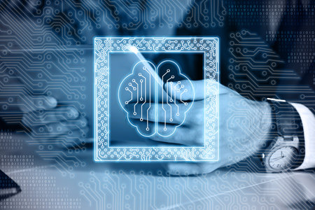 Businessman holding digital tablet with circuit board and human brain. CPU in motherboard of computer system Concept. Technology and microchip conceptの写真素材