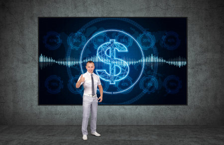 Glowing screen with dollar symbol, stock data and percentage charts. Businessman points his thumb up. Investment and cyberspace concept. 3d renderingの写真素材
