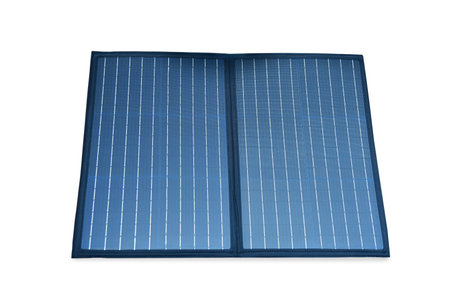 Portable foldable solar panel with two blue rectangular sections, realistic style, isolated on white background, concept of renewable energyの写真素材