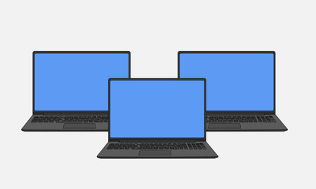 Three laptops with blank empty blue screen. Realistic mockup or template, isolated on white background. Computer and tech. Vector illustration designのイラスト素材
