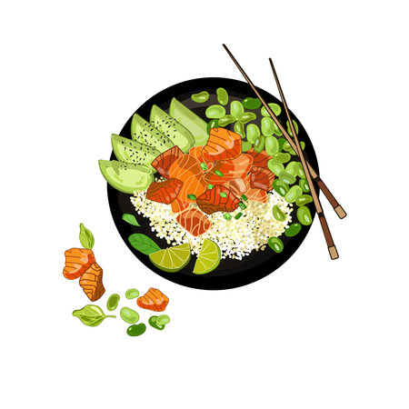 Salmon rice teriyaki bowl avocado top view, hand drawn in realistic cartoon style,のイラスト素材