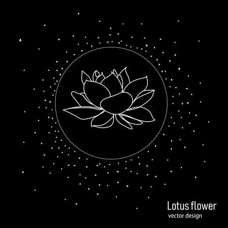 Lotus flower in a circle on a black background.Drawing in minimalistic single line styleのイラスト素材