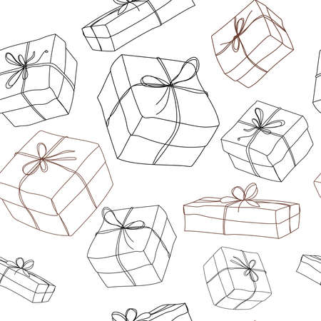 Vector Seamless Pattern Gift Boxes Parcels Isolated White Background Drawn Modern Outline Styleのイラスト素材