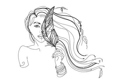 Woman face with stylized feather Outline drawing. Woman with long hair and feathers, Ethno style. Vectorのイラスト素材