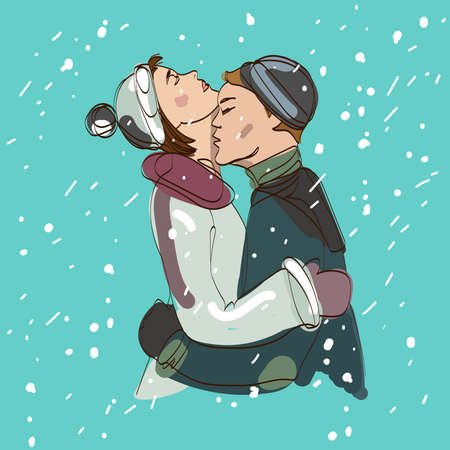 vector couple man and woman kissing under snowfall.Young man kissing his girl on the neck.Hand drawingのイラスト素材