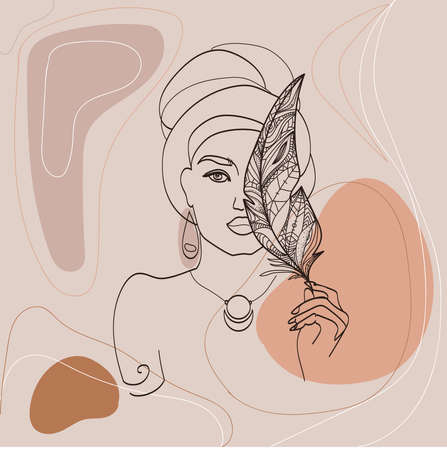 Contour drawing of a woman in a turban with a feather in her hand on an abstract background with lines and spotsのイラスト素材